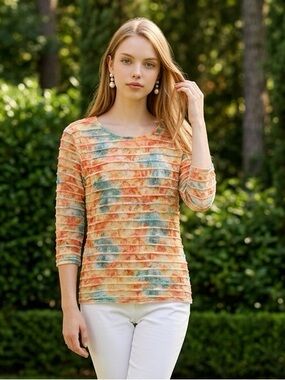 Ethyl Women’s Spring Floral Ribbed Textured Top 3/4 Sleeve Multicolor Small